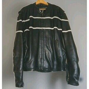 Vtg 90s Pro-Rider Heavy Black Leather Motorcycle Jacket Sz 52 Racing Stripes